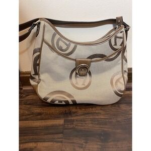 Etienne Aigner Vintage Handbag Beige Canvas Brown Leather Trim Shoulder Bag